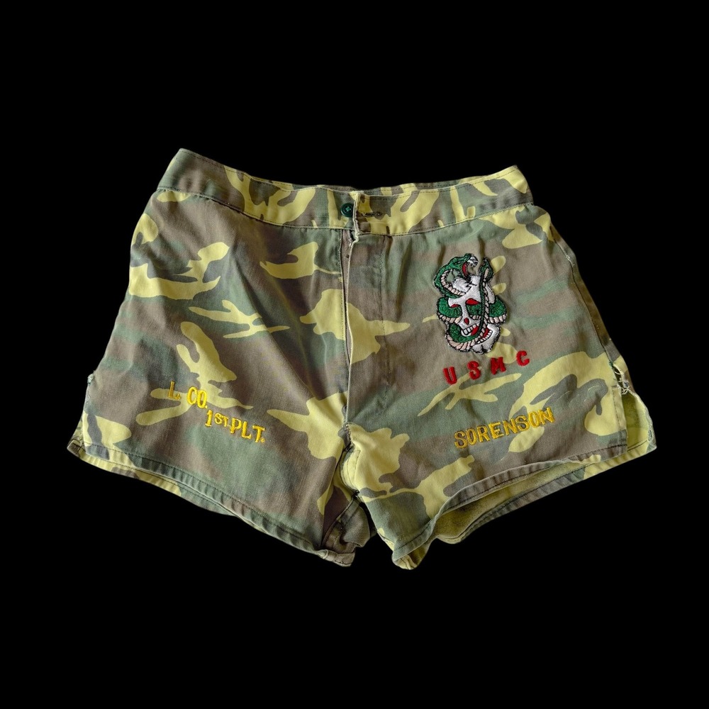 USMC Camo Shorts Custom Embroidered Cobra Skull Zipper Broken Military Green